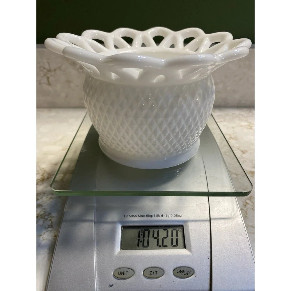 White Milk Glass Diamond Pattern Lace Edge Round Bowl Pressed Glass 5\